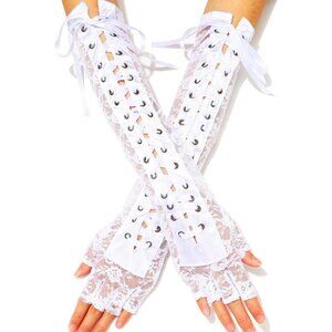 Women's Long Lace Fingerless Rhinestone White Gloves Party Tea Pram Accessories